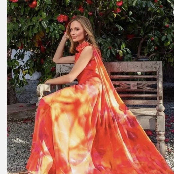 Muse Marchesa One Shoulder Hibiscus Orange Evening Gown Formal Dress - Picture 2 of 9